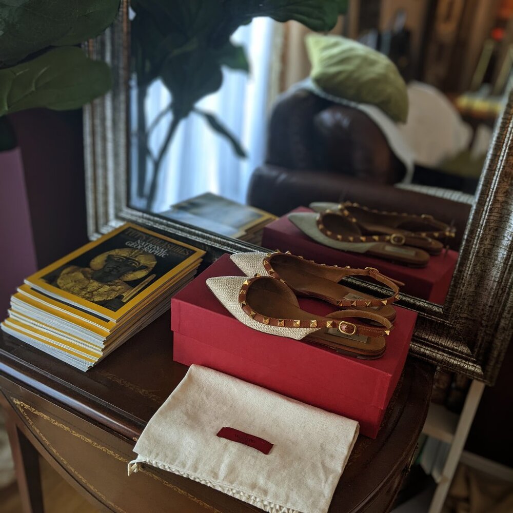 Valentino Rockstud Woven raffia Slingback Flats Natural brown US Size 7